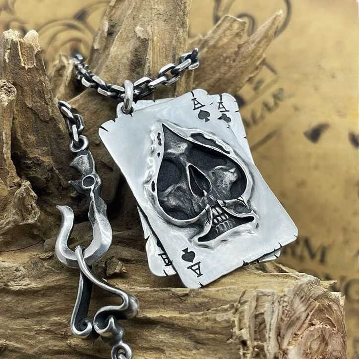 Men Accessories Fashion - WEIER Retro Poker Skull Pendant Necklace